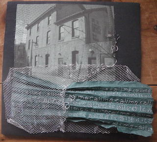 Missed call, complete photo of multimedia relief, fabric, aluminium mesh, wire and paper on linen 